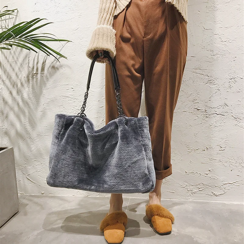 

New Style Plush Handbags European And American Fashion Furry Big Bag Ms Shoulder Bag Young Women Boutique Soft Fabric Big Bags