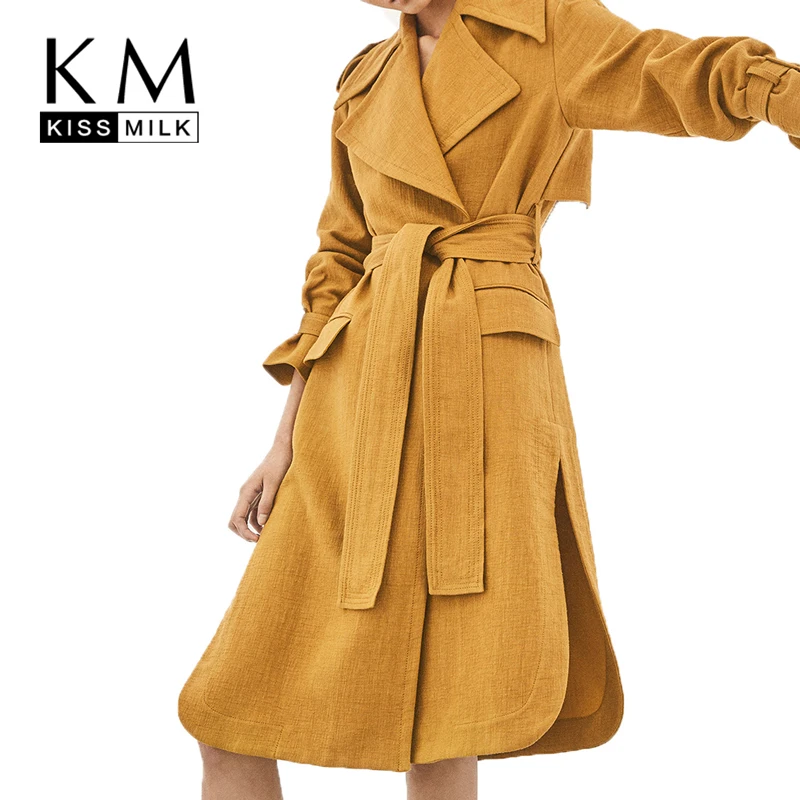 

Kissmilk Large Plus Size Epaulettes Waist Knot Safari Trench Winter Duster Coat Women Clothes Windbreaker New Streetwear