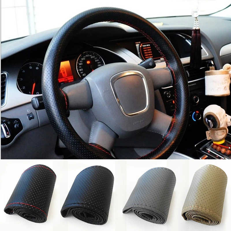 

New 36cm Car Truck Braid Leather DIY Steering Wheel Cover with Hole Thread