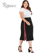 Romacci Plus Size Womens Skirt Office Ladies Striped Splice High Waist Sexy Skirt Split Back Zipper Party Large Size Midi Skirt