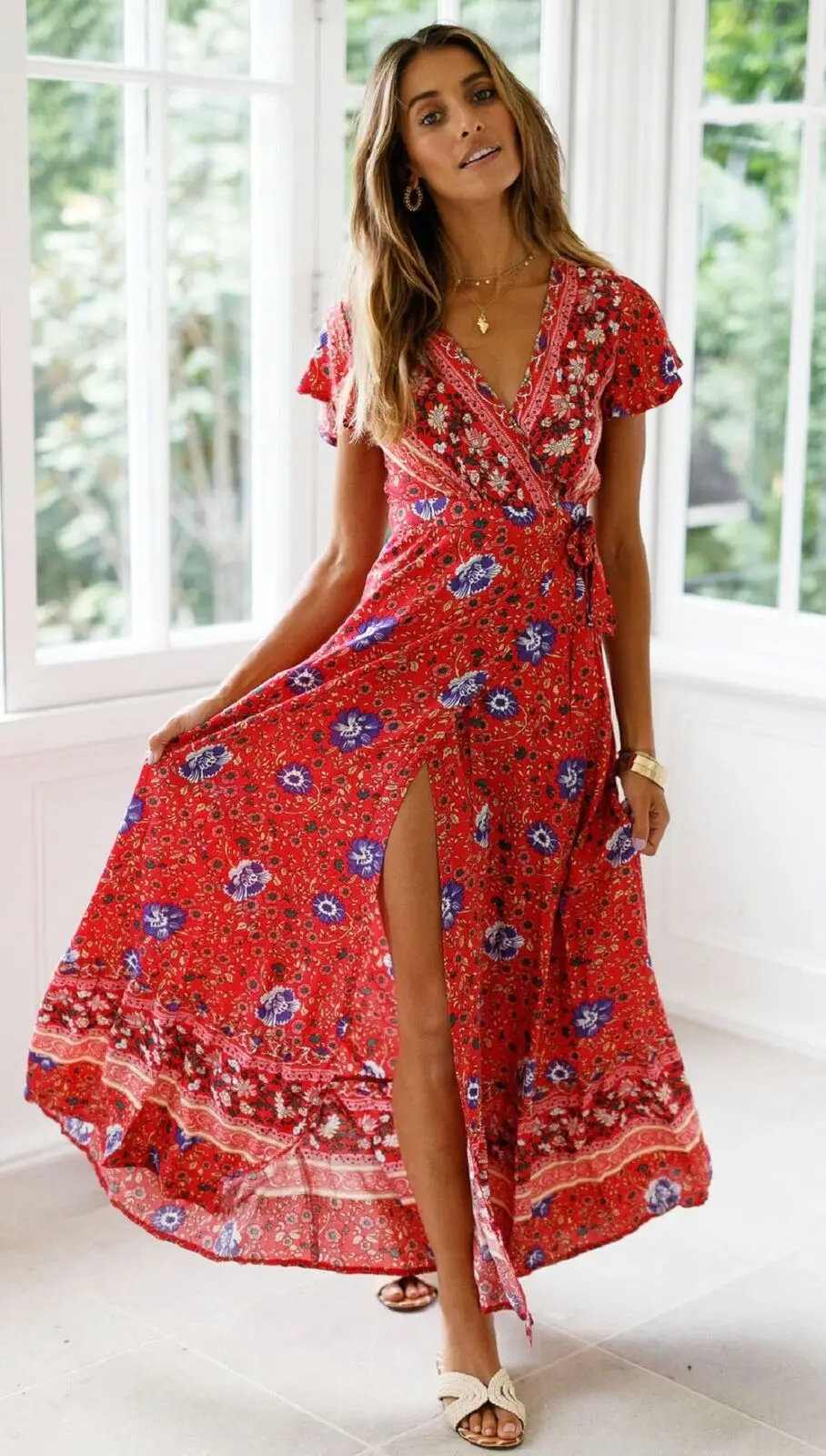 UK Mulheres Vestido Boemia Цветочное платье с v-образным вырезом, летнее пляжное повседневное длинное Открытое платье в стиле бохо, сексуальное Ретро свободное платье