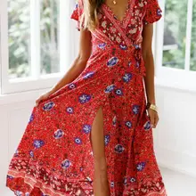 UK Mulheres Vestido Boemia Цветочное платье с v-образным вырезом, летнее пляжное повседневное длинное Открытое платье в стиле бохо, сексуальное Ретро свободное платье