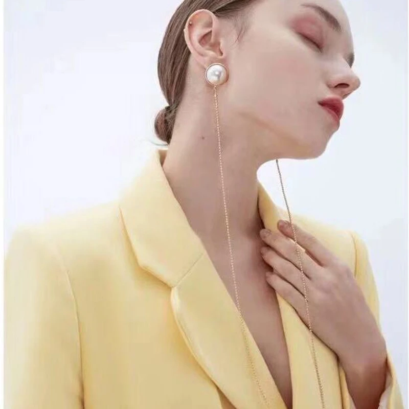 

WKOUD EAM 2019 Woman Long Chain Round Imitation Pearls Stud Earrings Trendy Wedding Party Female Jewelry Accessories S#TA030