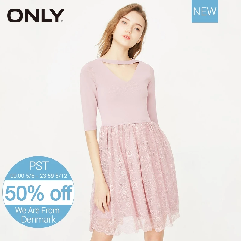 

ONLY women's spring and summer 2019 new popular knitted lace stitching dress | 118146536