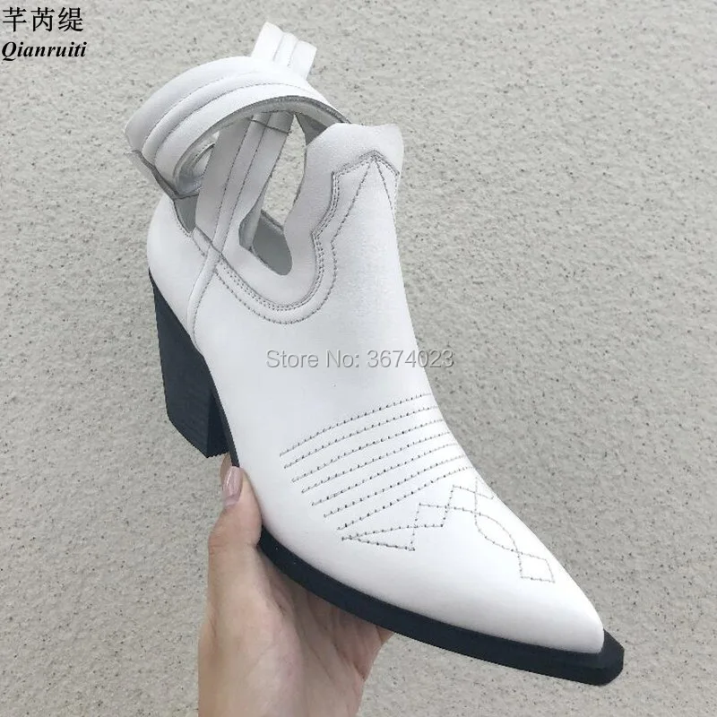 

Qianruiti Distressed Boots Women Texan Cut-out Ankle Boots Plain Leather Block Heels White Black Cowboy Bota Texana