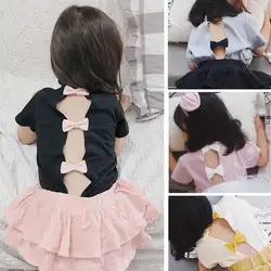 Kidlove/модная футболка без спины для девочек; мягкая хлопковая блузка с короткими рукавами и бантом