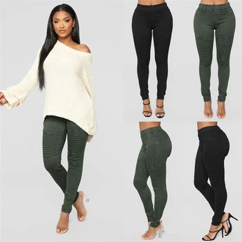 

2019 Spring New Arrival Women Elastic High Waist Trousers Female Pencil Slim Skinny Striped Pants Trousers