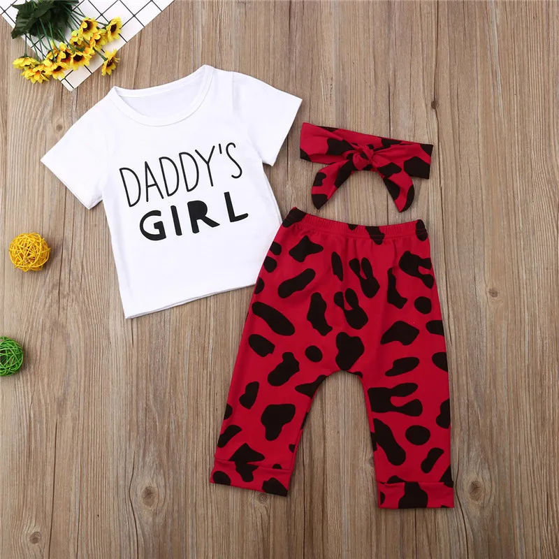 0-24M 3pcs Baby Girls Clothes Set White Short Sleeve T-Shirt For Girl Letter Baby Tops Leopard Long Pants Headband Baby Girl Set