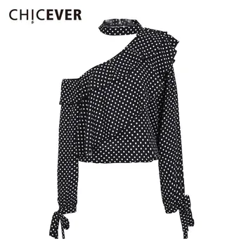 

CHICEVER Off Shoulder Women Shirt Blouses Ruffles Patchwork Lace Up Backless Sexy Chiffon Blouse Womens 2020 Summer Fashion New