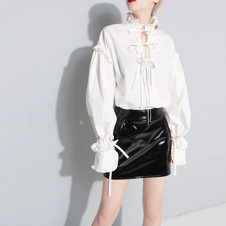 

2019 Spring Stand Collar Long Sleeve Shirt Solid Loose Lotus Edge Split Joint Shirt Women Casual Blouse