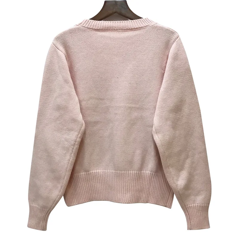 Зимний Роскошный розовый вязаный свитер, пуловеры для женщин, подиум, дизайнерская Цветочная вышивка, Женский Рождественский свитер, джемпер, одежда