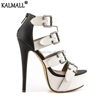 

KALMALL Black White Leather Mixed Colors Buckle Straps Sexy Summer Shoes Open Toe Super High Heels Platform Sandalia Feminina