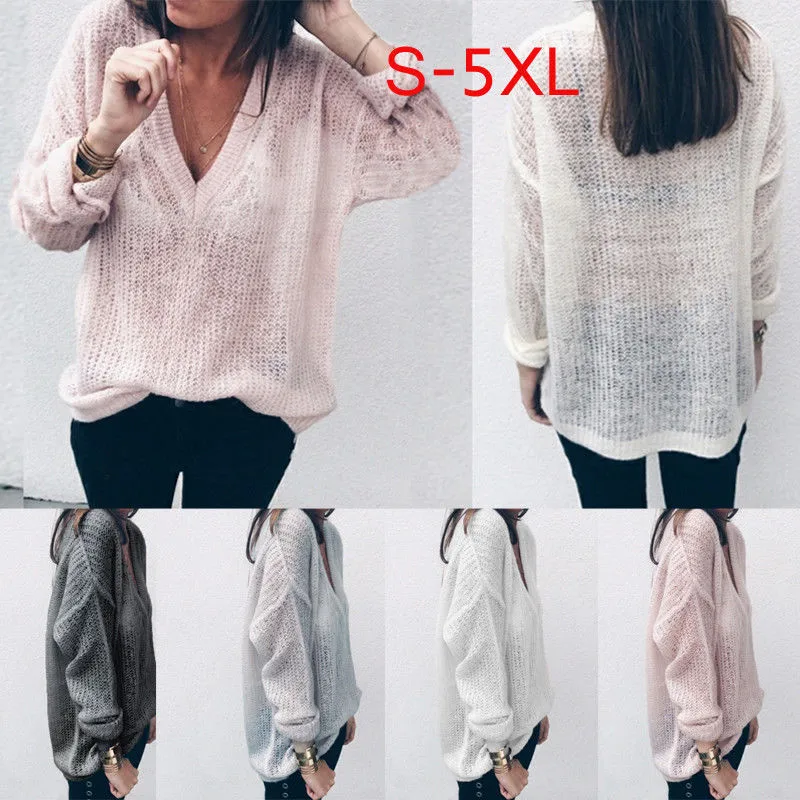 S-5XL Плюс Размер свободные топы Модные женские вязаные свитера с глубоким v-образным вырезом повседневные однотонные вязаные пуловеры
