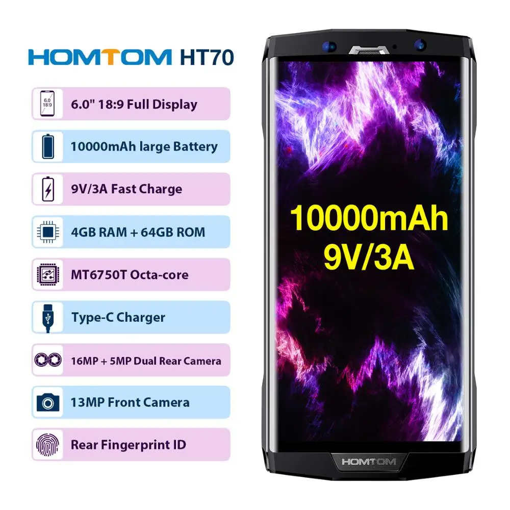 HOMTOM HT70 10000 мА/ч 4 ГБ 64 мобильный телефон 6'✘: 9 HD + Дисплей Восьмиядерный 13MP