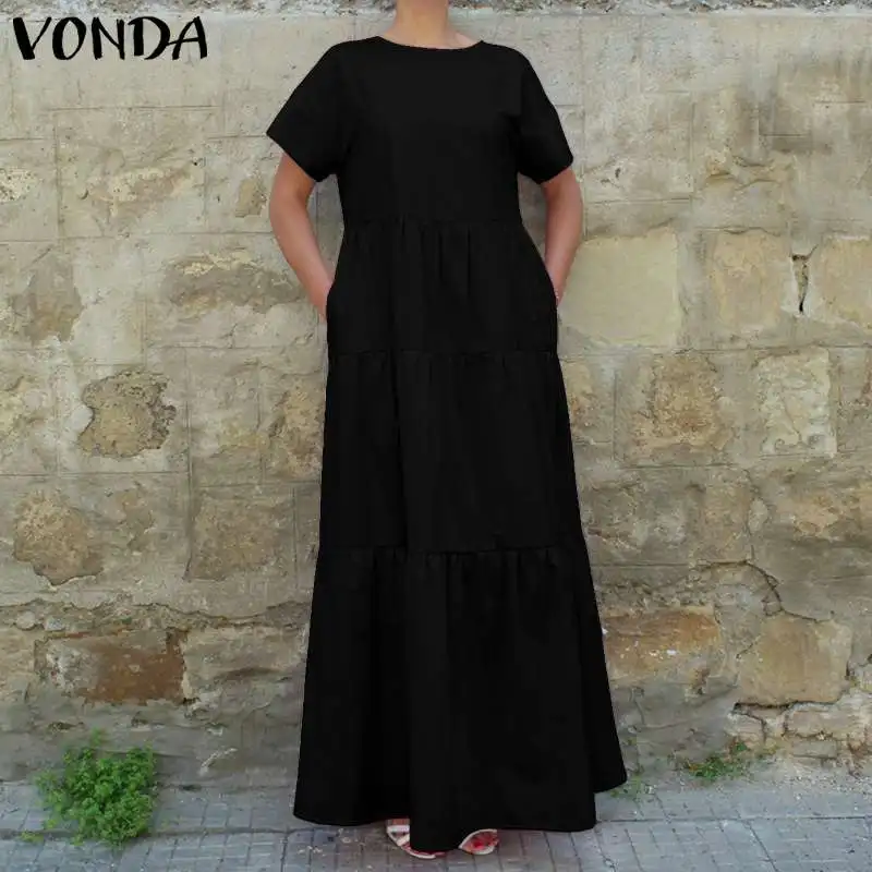 VONDA 2019 النساء حزب اللباس الصيف خمر طويل ماكسي فساتين خط-مطوي Vestidos الشاطئ زائد حجم 5XL قصيرة كم أسود