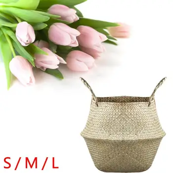 

New Household Foldable Natural Seagrass Woven Storage Pot Garden Flower Vase Hanging Basket With Handle Storage Bellied Bas