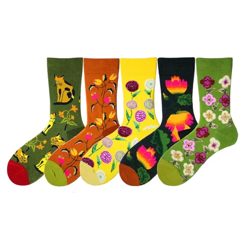 

Men Socks Cute Cartoon Cat Flowers Plant Colorful Happy Funny Fashion Korea Harajuku Hip Hop Street Style Skate Cotton Socks