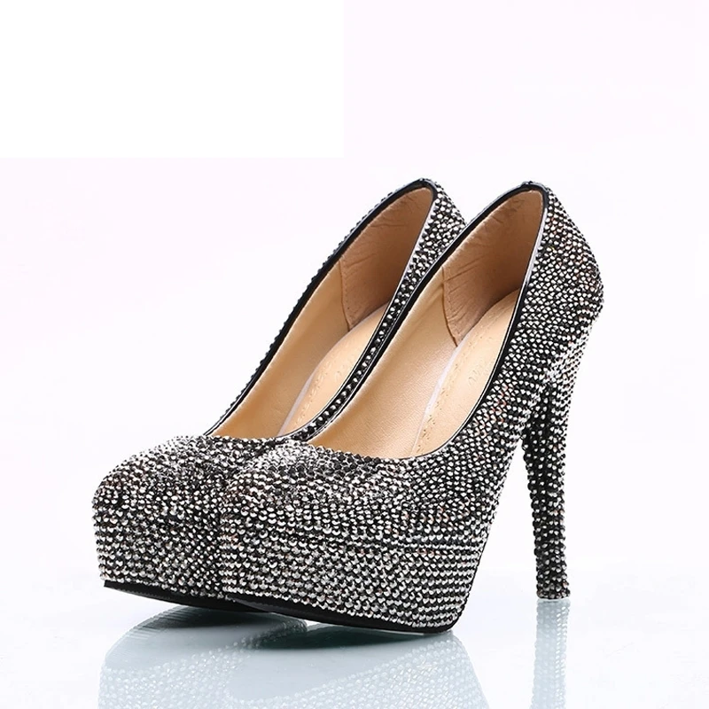 

Fashion Mine Black Women Party Prom Shoes Sparkling Crystal Nightclub High Heels Round Toe Wedding Party Pumps Large Size 11