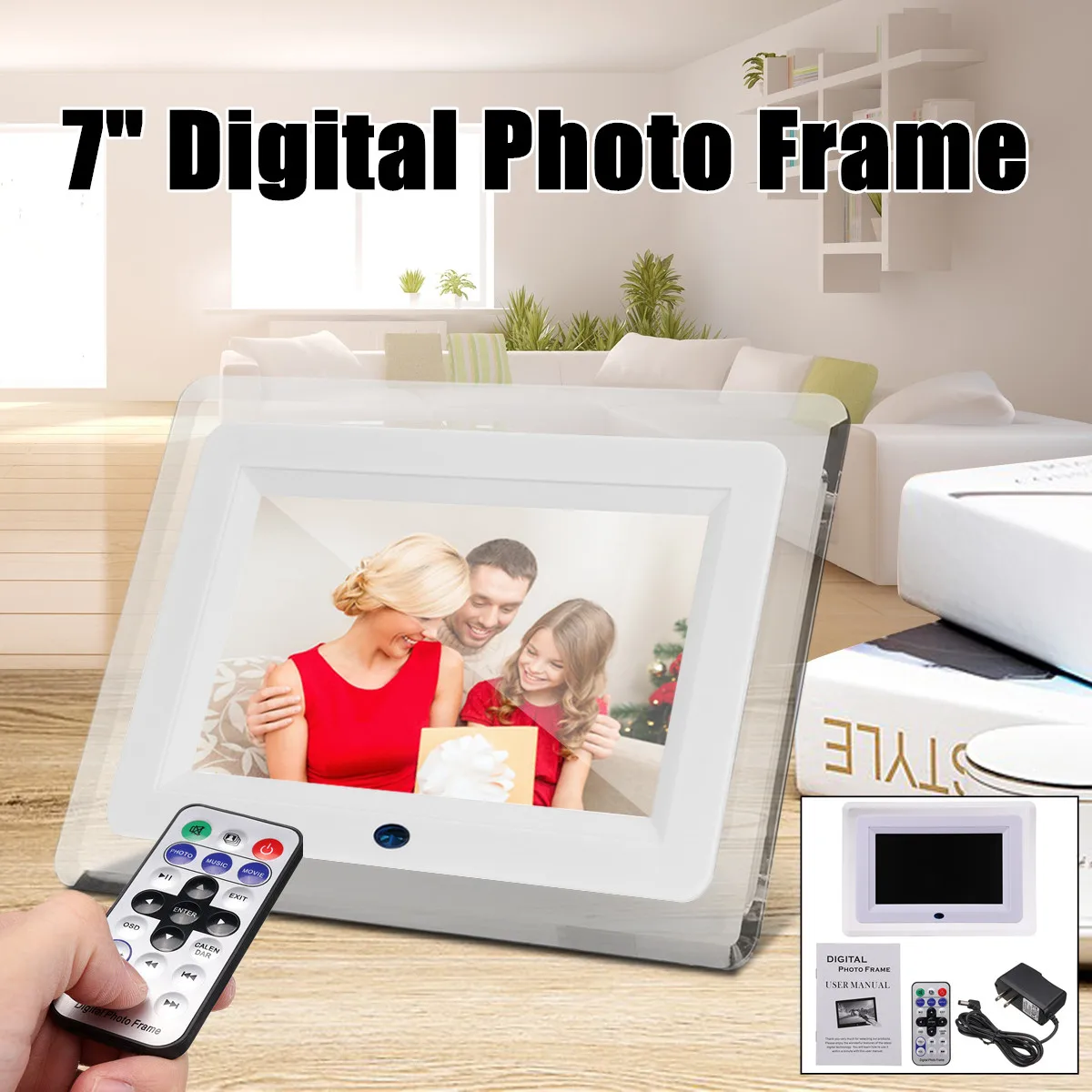 

7 inch Multi-functional HD LCD Digital Photo Picture Frame Clock Music Calendar Video Player+Remote Control White 23x16x3.5cm