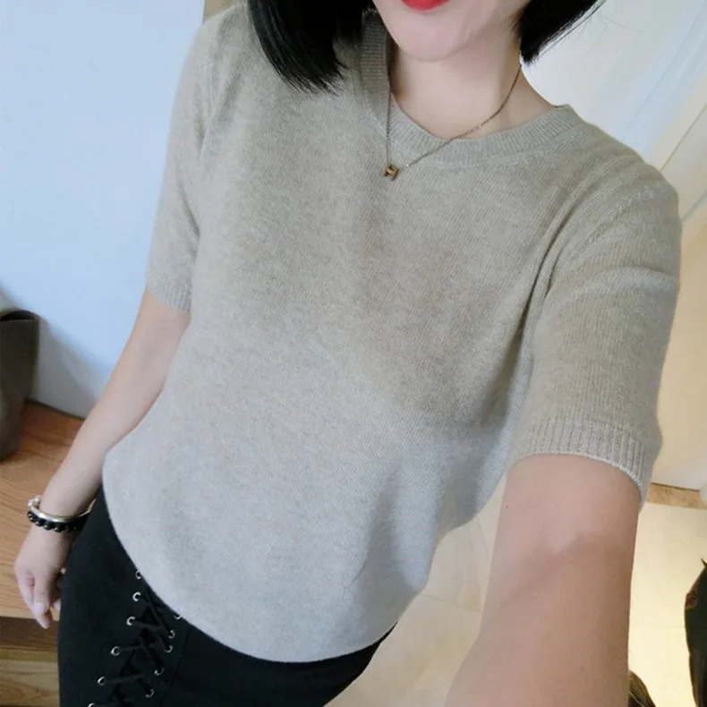 

Multi-Color Short Sleeve Sweater Female 2019 Spring Summer New Style round-Neck Slim-Fit Cashmere Sweater Solid Color