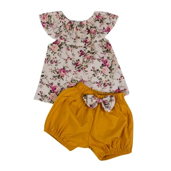 

2 pieces Ruffled Floral Top and Bowknot Shorts Set For Toddler and Baby Girl Summer Clothes