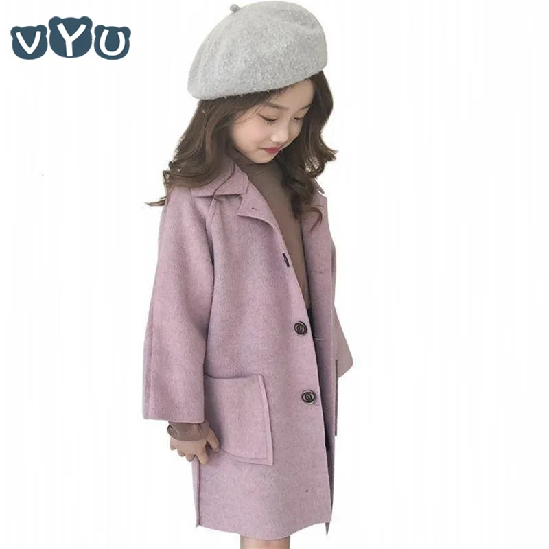 Детская куртка для девочек плотное шерстяное пальто с длинными рукавами однотонное пальто на пуговицах в Корейском стиле детская одежда для девочек от 6 до 10 лет