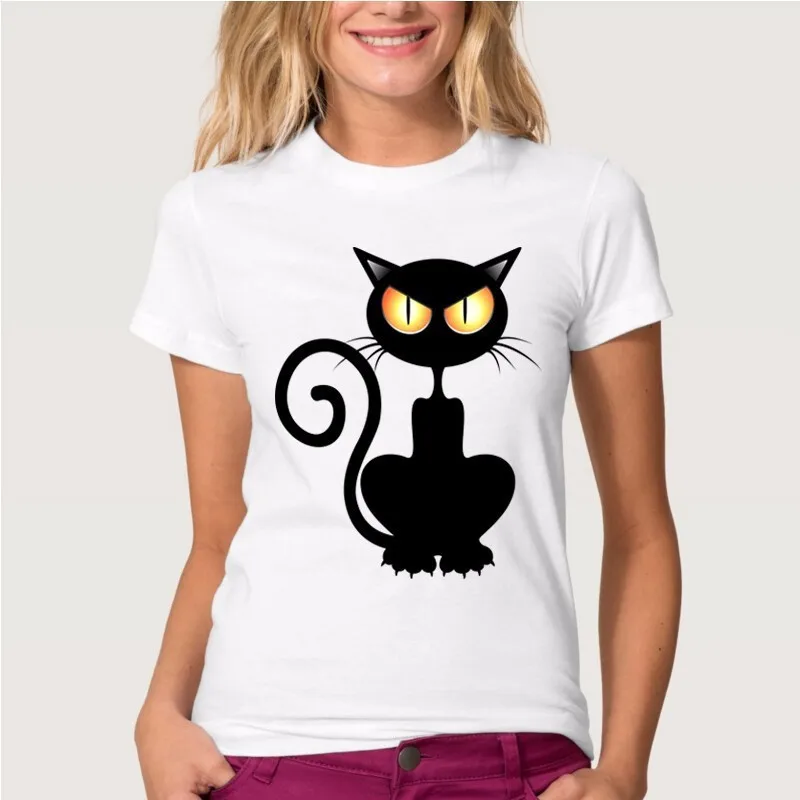الصيف النساء السود القط طباعة تي شيرت قصيرة الأكمام س الرقبة عارضة مضحك قمم زائد SizeS-3XL الملابس الصيف النساء السود القط طباعة تي شيرت قصيرة الأكمام س الرقبة عارضة مضحك قمم زائد SizeS-3XL الملابس
