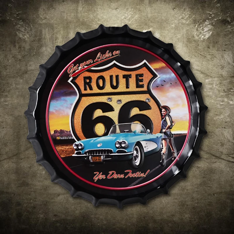 35cm Roite 66 Vintage Tin Signs Bar Lounge Culb Wall Decor Metal Beer Bottle Caps Poster Plate