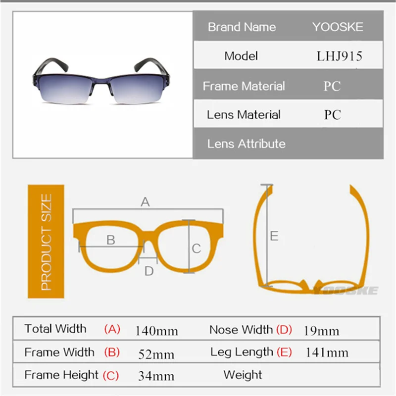 YOOSKE, мужские, женские очки для чтения, Анти-усталость, дальнозоркие очки, полуоправа, очки+ 1,0, 1,5, 2,0, 2,5, 3,0