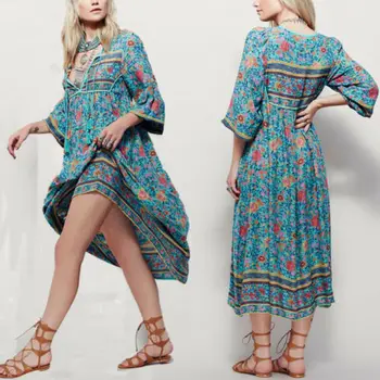 

Loose Women Summer Boho Floral Short Sleeve Long Dress Party Beach Sundress