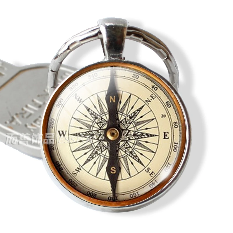 الرجعية يدويا البوصلة الفضة المفاتيح المجوهرات Steampunk من البوصلة الزجاج كابوشون مفتاح سلسلة قلادة (انها ليست الحقيقي البوصلة)