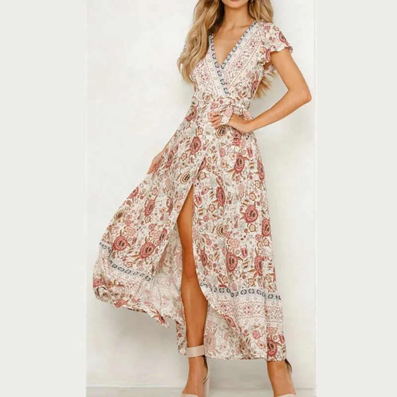 

New Women Boho Floral Print Dress Casual Sleeveless V-Neck Long Dress Femmes Elegant Vestido Party Evening Summer Beach Sundress