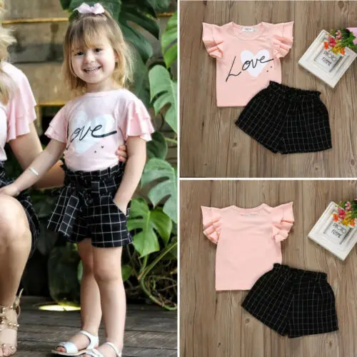 Ripped Denim Shorts 6M-5T Toddle Baby Girl Summer Short Sets Matching Cherry Fly Sleeve Tops