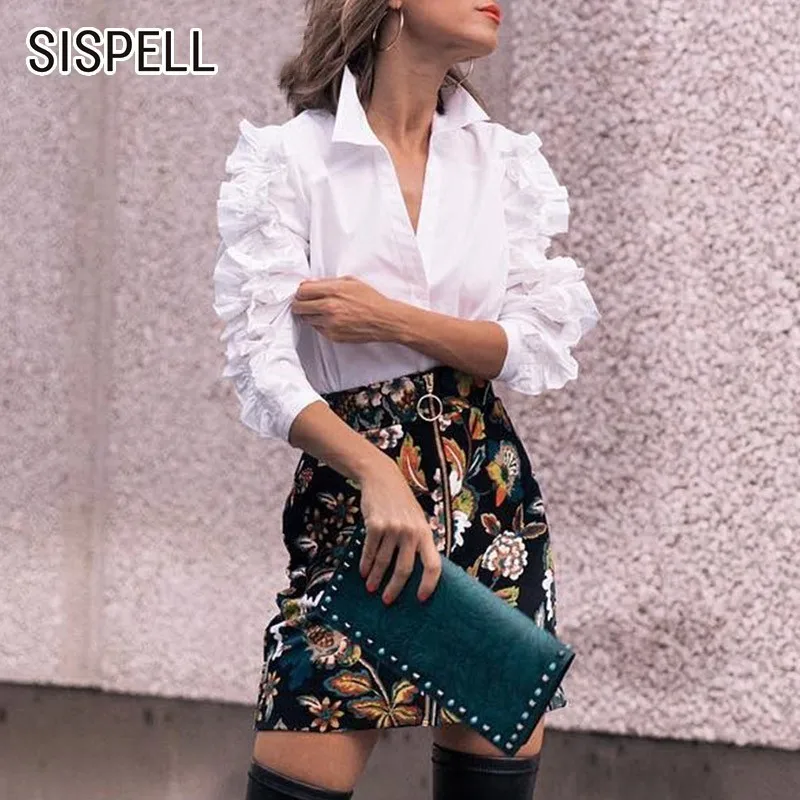 

SISPELL 2019 Spring White Blouses Women's Shirts Tops Female Lapel Butterfly Sleeve Slim Women Tops And Blouses Fashion Clothes