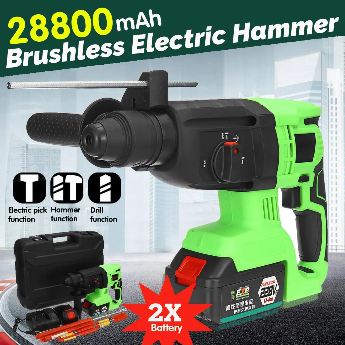 

220V 22800mAh 228VF Electric Hammer Brushless Cordless Lithium-Ion Hammer Drill with 2 Battery Power Tools