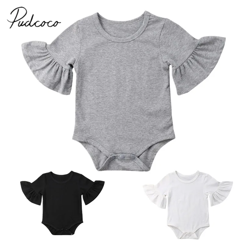 

2019 Brand New Newborn Infant Baby Girl Solid Bodysuits Clothes Flared Sleeve Jumpsuit Sunsuit Casual Outfits Cotton Playsuits
