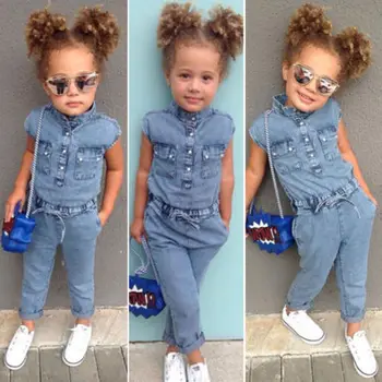 

Summer Canis Newborn Kids Baby Girl Denim Short Sleeve Romper Long Pants Jumpsuits Playsuit Outfit Clothes Denim Romper Overalls