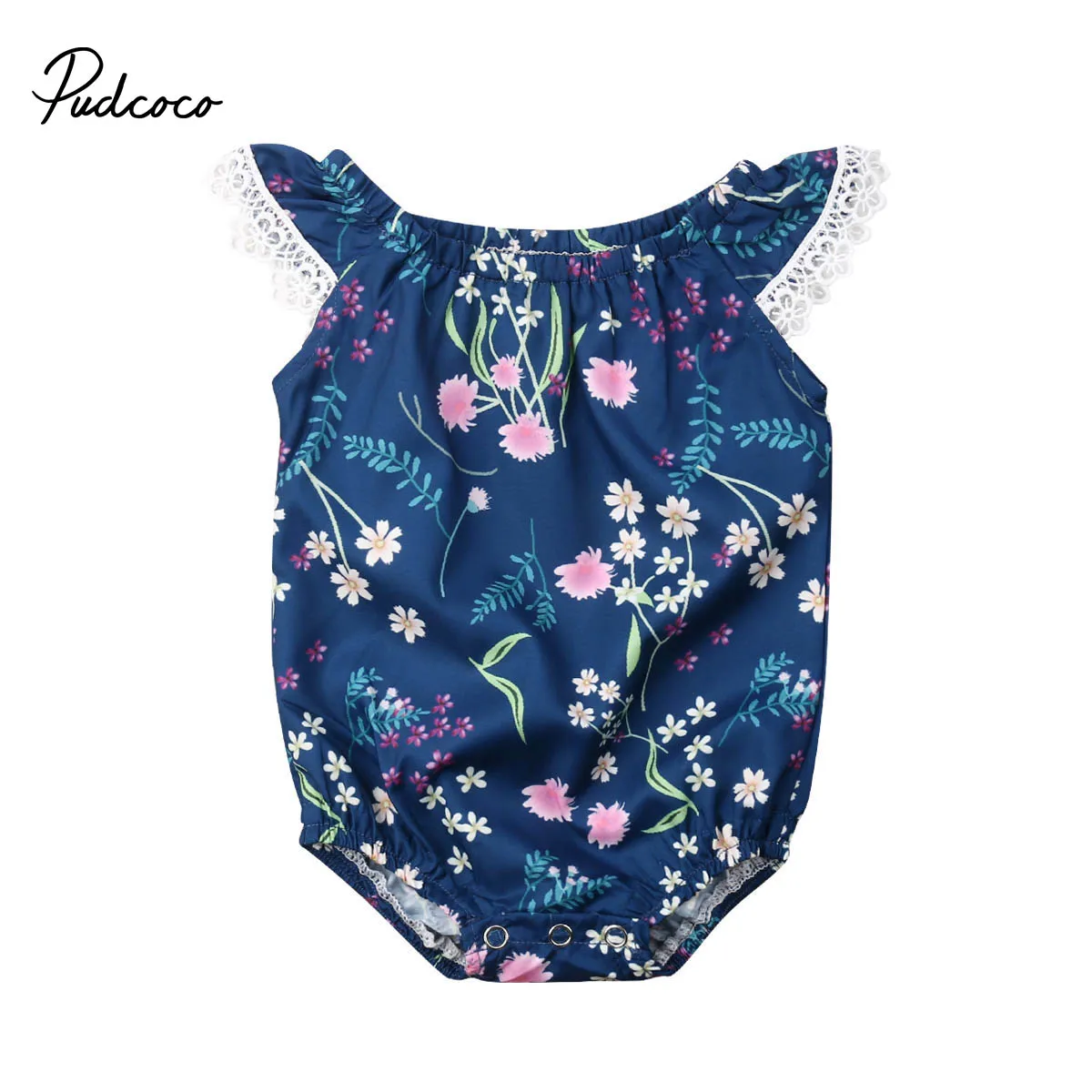 

Navy blue newborn baby bodysuits lace sleeveless Floral Printed baby clothes O-neck 0-18M baby Jumpsuit Cotton clothing Infant
