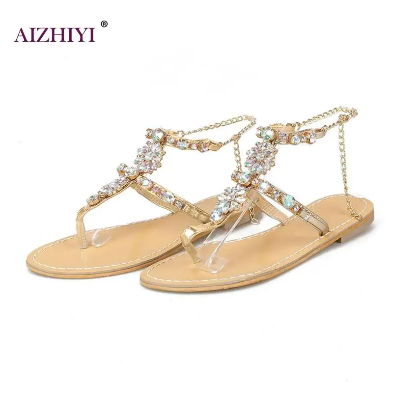 

2019 Fashion New Girls Crystal Rhinestone Female Chain Summer Flip Flops Sandals Women Beach Flat T-strap Shoes
