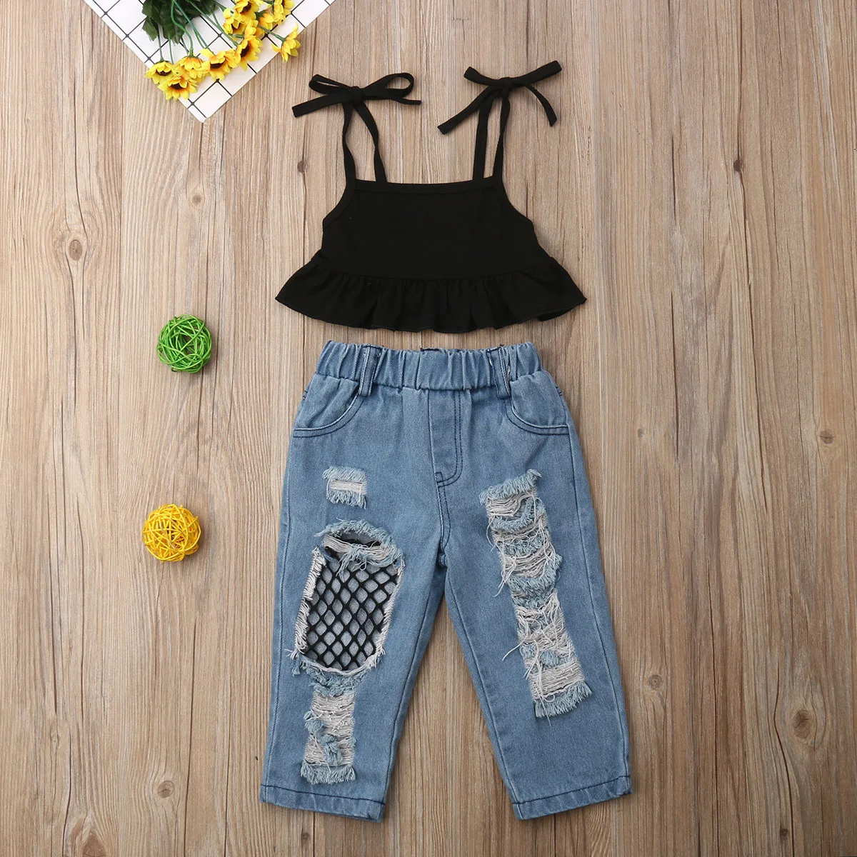 

Toddler Kids Baby Girls Clothes Vest Tops+Ripped Fish Net Jeans Pants Outfits Children Set Clothes