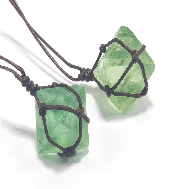 Natural Handmade Blue-Green Gemstone Pendant Green Fluorite Octahedral Rough Wrap Braid Necklace Stone Crafts