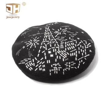 

JOEJERRY Black Beret Winter Hats With Rhinestones Artist Beret Wool Cap French Hat Personality