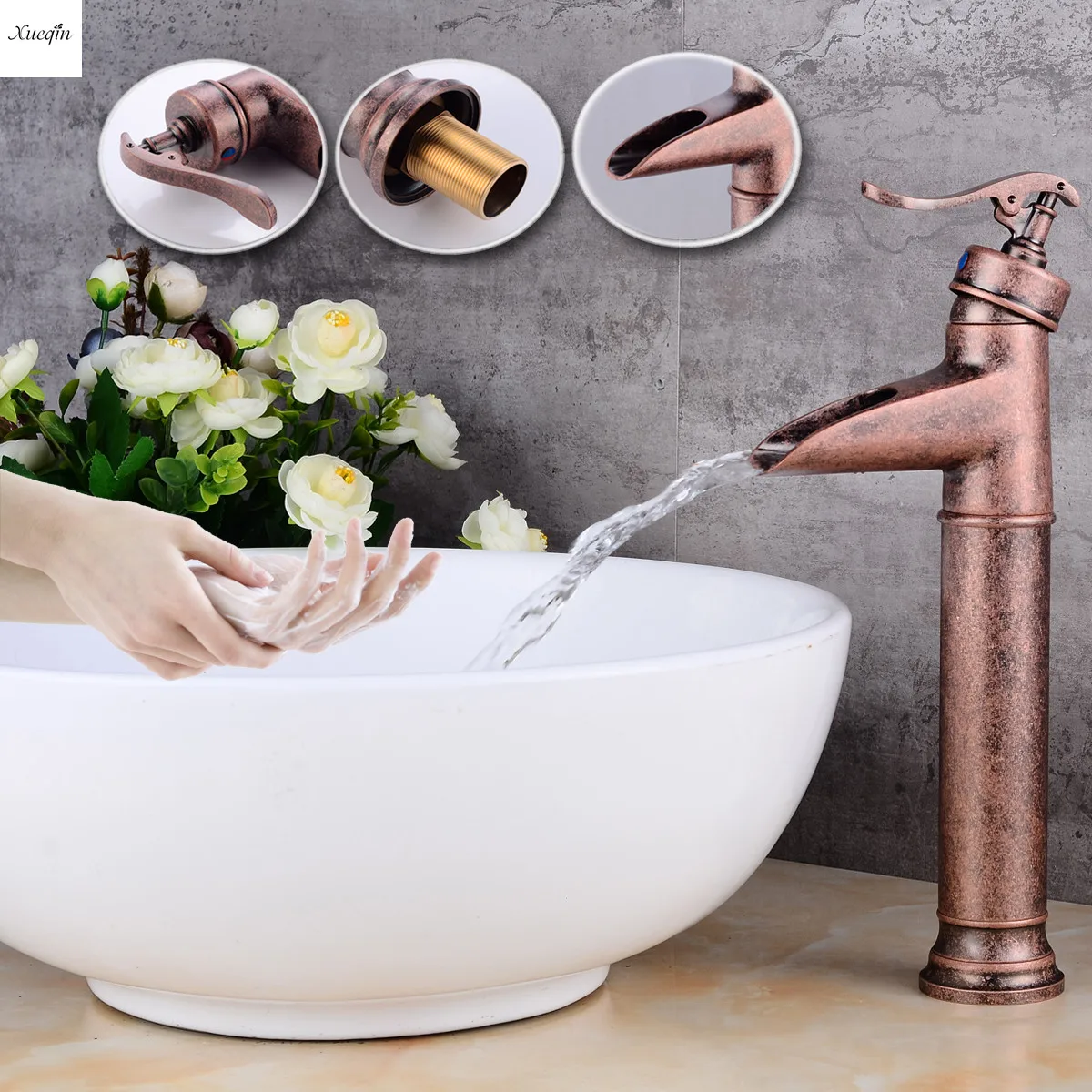 

European Basin Hot And Cold Waterfall Faucet Copper Elevated Platform Bathroom Basin Faucet Single Handle Wide Mouth Mixer Taps