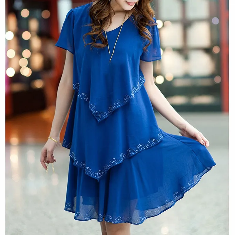 

2019 Plus Size Women Elegant Chiffon Dress Summer Cascading Ruffle Dresses Short Sleeve Casual Party Dress Robe