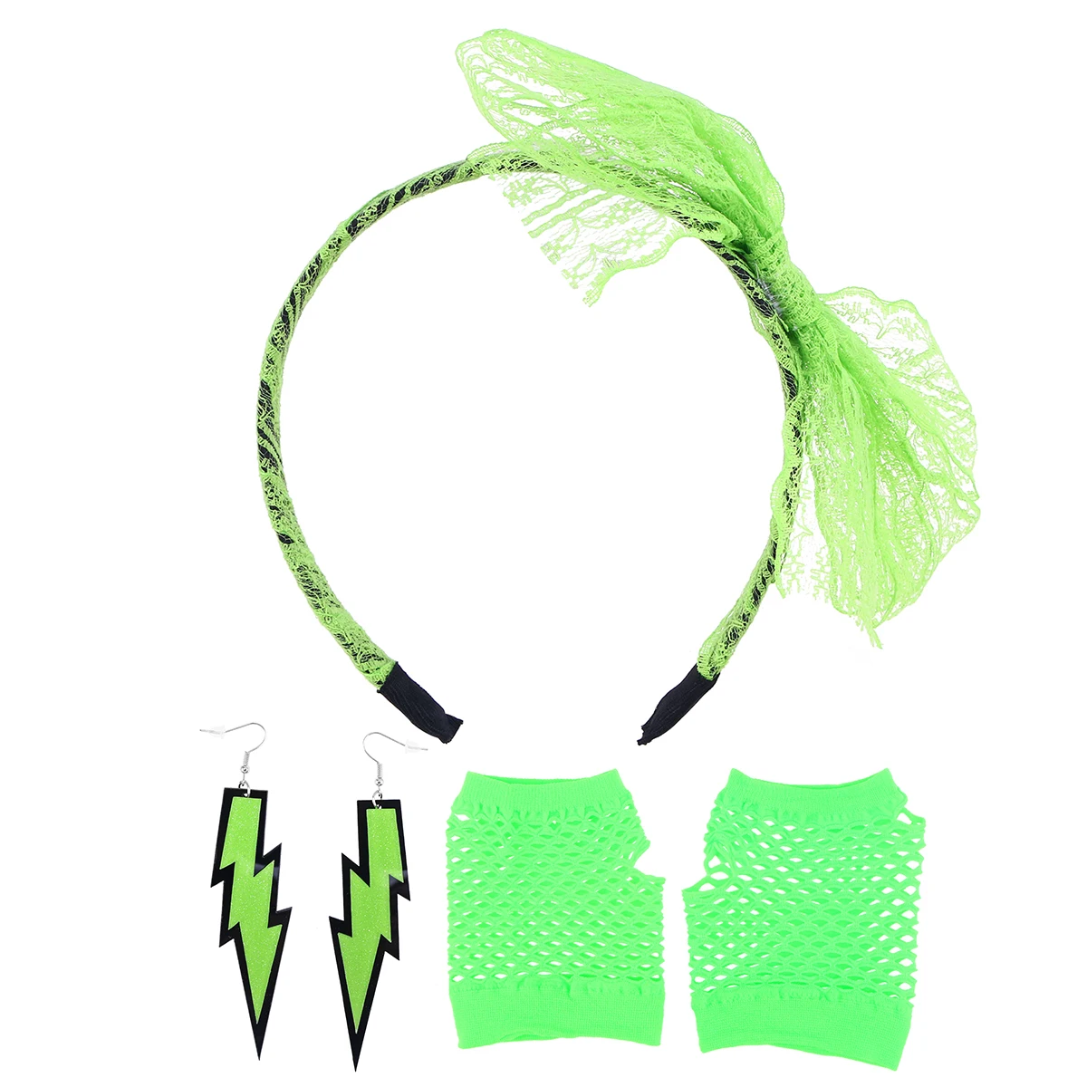 

80s Lace Headband Neon Earrings Fingerless Fishnet Gloves for 80s Party(Light Green)