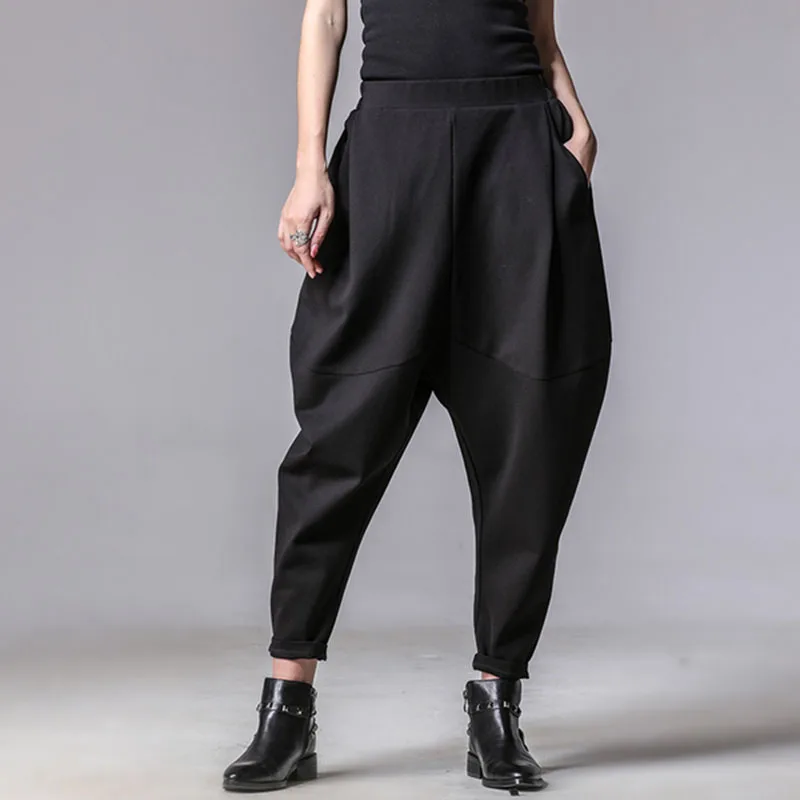 

2019 New Spring Fashion Tide Black High Waist Elastic Pockets Patchwork Casual Woman Full Length Harem Pants