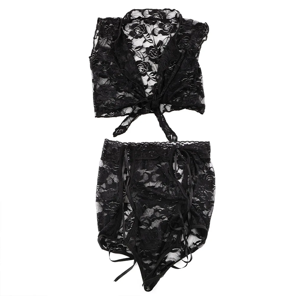 IKOKY черная Пижама, перспективный кружевной комплект нижнего белья, Экзотическая одежда, сексуальное женское белье, сексуальный костюм, нижнее белье