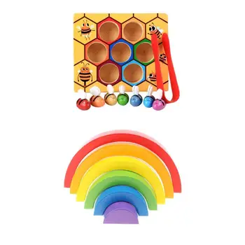 

6pcs Rainbow Wooden Blocks + Bee Clip Box Hand-eye Coordination Montessori Early Learning Educational Toys for Children Kids