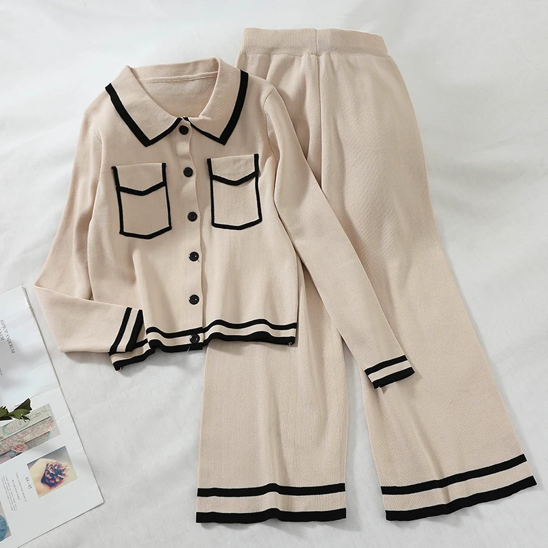 

2019 Spring Women Knitted Turn Down Collar Fake Pockets Cardigan Tops + wide Leg Pants 2 Pieces Clothing Set Suits