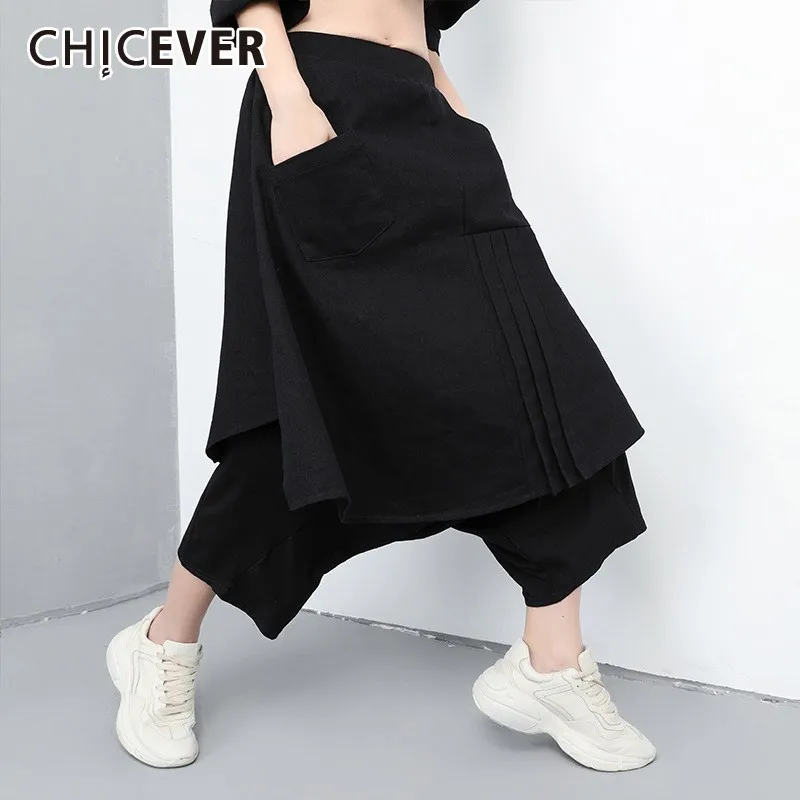 CHICEVER Spring Black Women Fake Two Pieces Pant Elastic Waist Loose ...